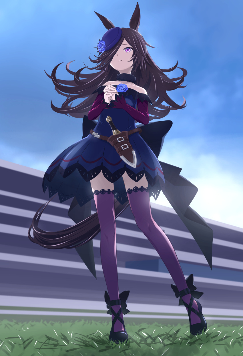 1girl 32zzz animal_ears black_footwear blue_dress blue_flower blue_headwear blue_rose dagger dress dress_flower flower hair_over_one_eye hat hat_flower highres horse_ears horse_girl horse_tail knife long_hair long_sleeves off_shoulder own_hands_together purple_sleeves purple_thighhighs rice_shower_(umamusume) rose sheath sheathed short_dress solo tail thigh-highs tilted_headwear umamusume violet_eyes weapon