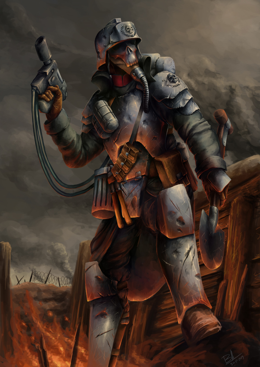 1boy 2019 absurdres barbed_wire battle battle_damage battlefield battlefield_(series) breathing_nozzle clouds coat combat_helmet commentary crossover damaged dated death_korps_grenadier death_korps_of_krieg dual_wielding english_commentary full_body gas_mask gun helmet highres holding holding_gun holding_shovel holding_weapon hose_nozzle imperium_of_man lasgun leg_armor male_focus mask military military_coat outdoors pliers scratches shovel signature skull_mask skull_ornament smoke soldier solo trench trench_coat trench_shovel uniform wannatryme1138 warhammer_40k weapon