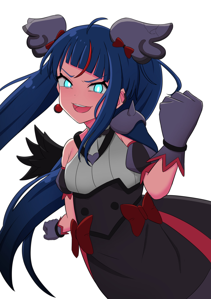 1girl absurdres armor black_dress black_wings blue_eyes blue_hair bow brooch clenched_hand commentary cure_sky cut_bangs detached_sleeves dress dress_bow earclip earrings eploov evil_smile feathered_wings gloves glowing glowing_eyes half-closed_eyes head_tilt highres hirogaru_sky!_precure jewelry long_hair looking_at_viewer magical_girl open_mouth pauldrons precure puffy_detached_sleeves puffy_sleeves shoulder_armor simple_background single_earring single_pauldron single_sidelock single_wing sleeveless sleeveless_dress smile solo sora_harewataru spiked_pauldrons twintails very_long_hair white_background wing_brooch wings