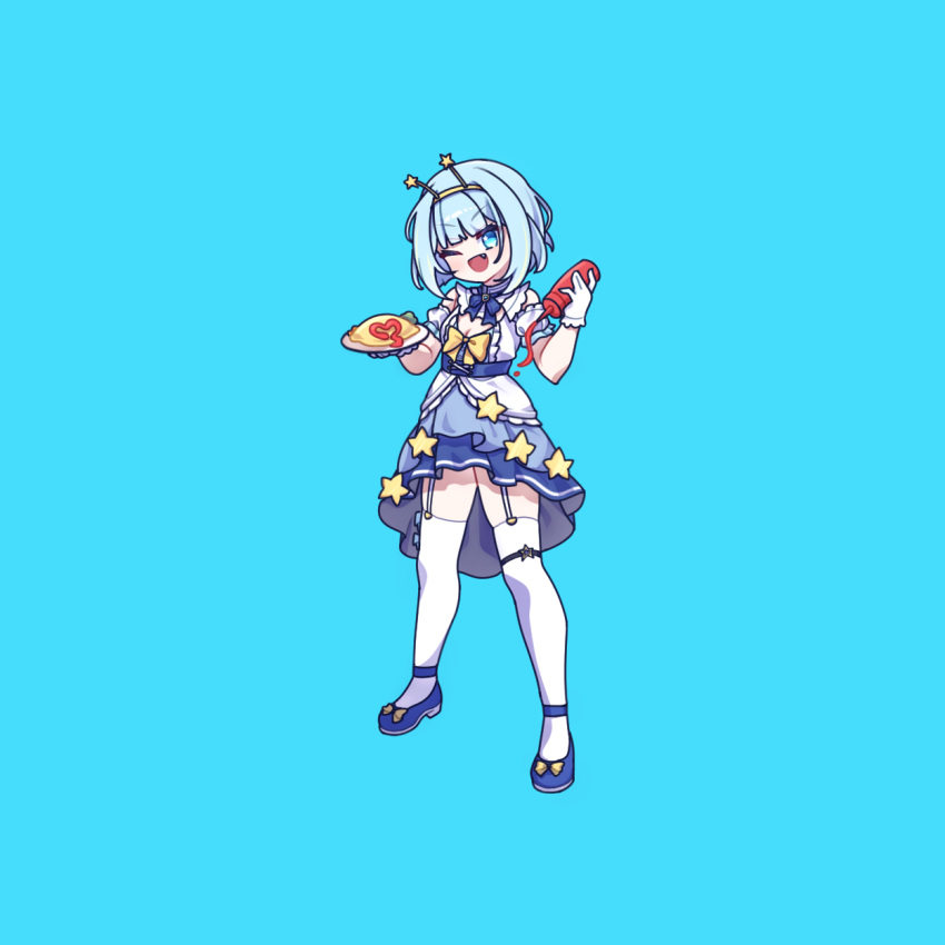 1girl blue_eyes blue_hair cross_(vgne4542) food highres holding holding_plate jelly_hoshiumi phase_connect plate ribbon short_hair solo
