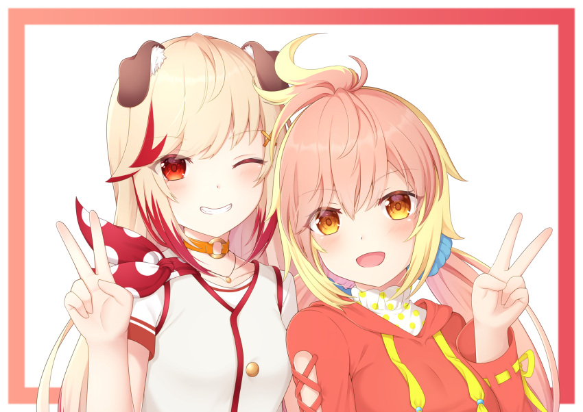 2girls animal_ears blonde_hair blush border choker commentary_request dog_ears dog_girl drawstring gradient_border grin hand_up highres hira_hikari hood hood_down hoodie jewelry long_hair long_sleeves looking_at_viewer low_twintails multicolored_hair multiple_girls nanashi_inc. necklace o-ring o-ring_choker one_eye_closed open_mouth orange_eyes orange_hoodie outside_border pink_hair red_border red_eyes redhead rin_(0917608) seshima_rui shirt short_sleeves sidelocks simple_background smile streaked_hair teeth twintails two-tone_hair upper_body v virtual_youtuber white_background white_shirt