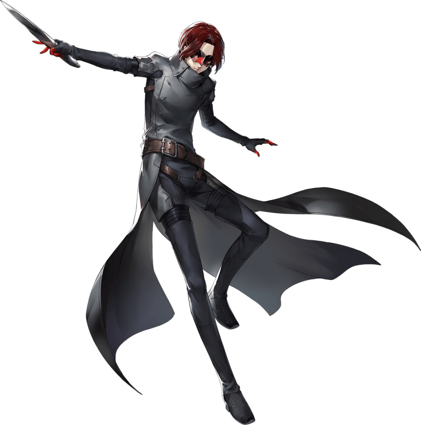 1boy black_gloves forehead gloves grey_jacket highres jacket knife male_focus persona persona_5 persona_5:_the_phantom_x red_eyes red_gloves redhead short_hair simple_background sunglasses two-tone_gloves white_background wonder_(p5x)