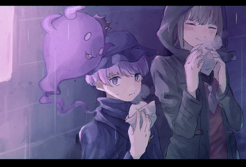 1boy 1girl baozi blue_jacket closed_eyes closed_mouth coat crown eating food ghost green_coat grey_hair hand_up hands_up highres holding holding_food hood hood_up jacket kurumi_wendy letterboxed long_sleeves looking_at_another macha_(macha3635toa) master_detective_archives:_rain_code open_mouth outdoors purple_hair shinigami_(ghost)_(rain_code) shinigami_(rain_code) short_hair smile standing sweatdrop upper_body violet_eyes yuma_kokohead