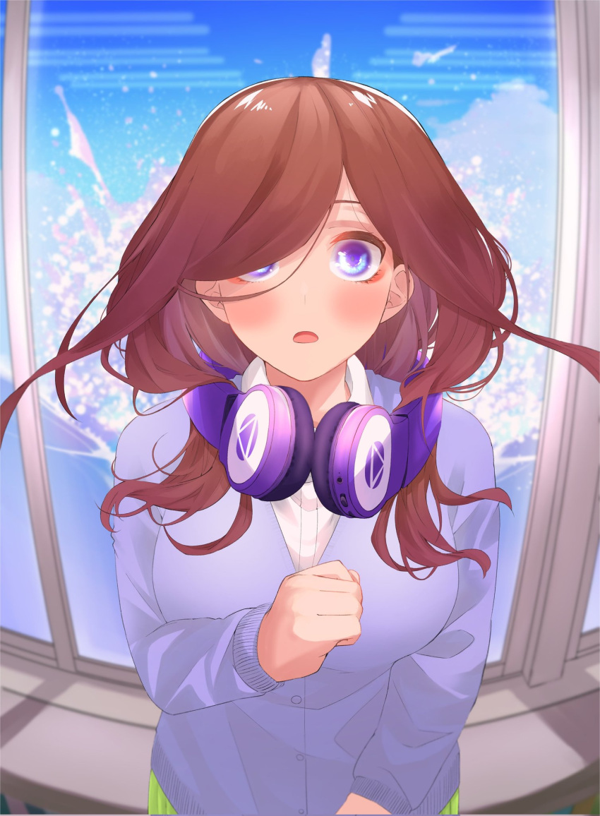 1girl blue_cardigan blue_eyes blush breasts brown_hair cardigan clenched_hand collared_shirt commentary day enpera eyebrows_hidden_by_hair eyeshadow floating_hair go-toubun_no_hanayome hair_over_one_eye headphones headphones_around_neck highres indoors large_breasts long_hair long_sleeves looking_at_viewer makeup mojyu_saico nakano_miku open_mouth pov school_uniform shirt solo straight-on surprised upper_body water water_drop white_shirt wide-eyed window