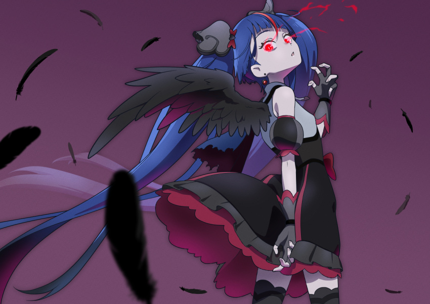 1girl black_dress black_thighhighs black_wings blue_eyes blue_hair commentary cure_sky cut_bangs dark_persona dress earrings feathered_wings feathers fingerless_gloves from_side gloves glowing glowing_eyes grey_gloves hirogaru_sky!_precure jewelry long_hair looking_at_viewer magical_girl multicolored_hair open_mouth precure puffy_short_sleeves puffy_sleeves red_eyes redhead short_dress short_sleeves single_sidelock single_wing sleeveless sleeveless_dress solo sora_harewataru standing streaked_hair thigh-highs tiler_(tiler00) twintails very_long_hair wind wing_hair_ornament wings