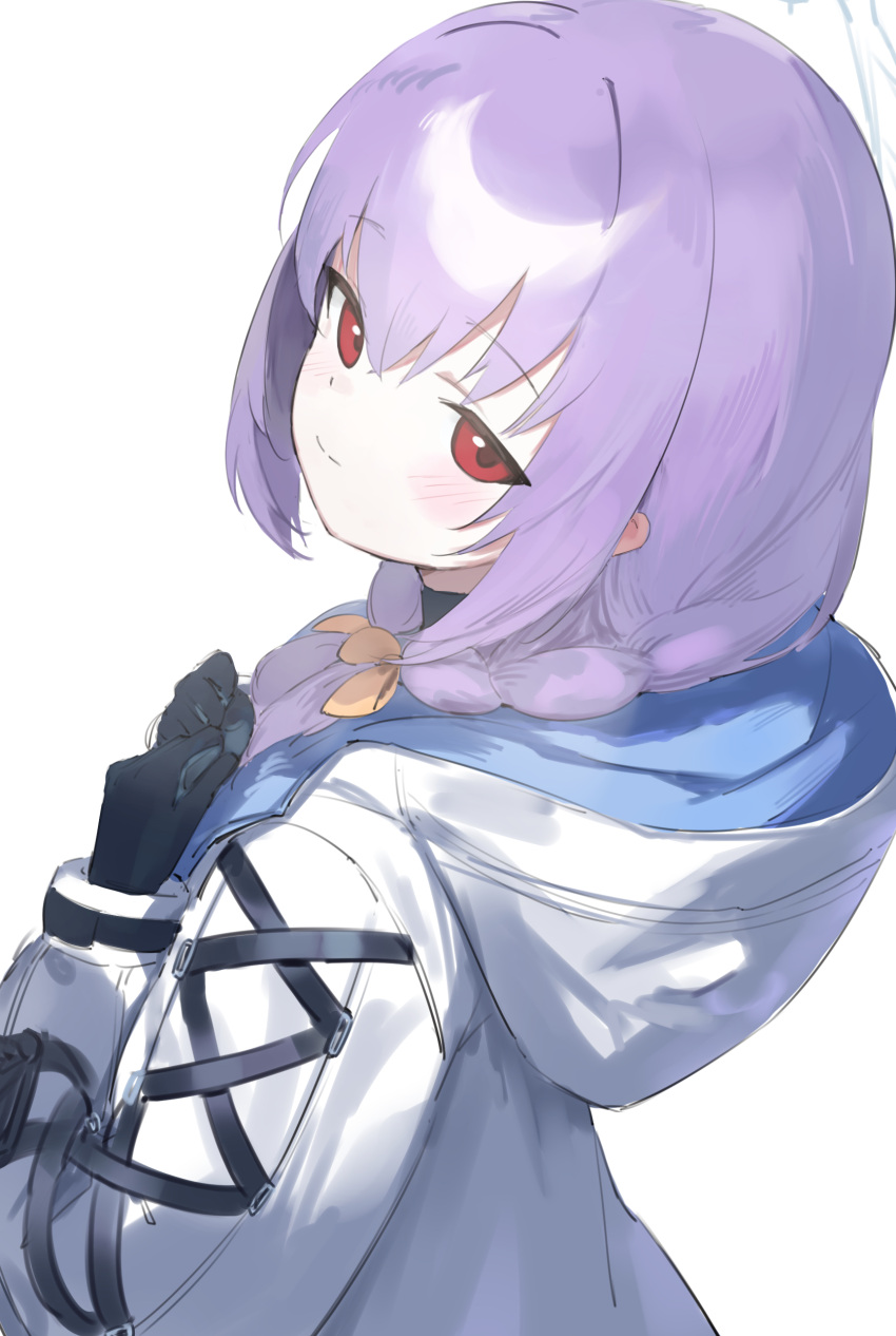 1girl absurdres black_gloves blue_archive braid braided_ponytail closed_mouth coat cygnet_(5817cygnet) gloves hands_on_own_chest highres hood hood_down hooded_coat kagari_atsuko long_hair long_sleeves looking_at_viewer looking_to_the_side purple_hair red_eyes sidelocks simple_background smile solo upper_body white_background white_coat