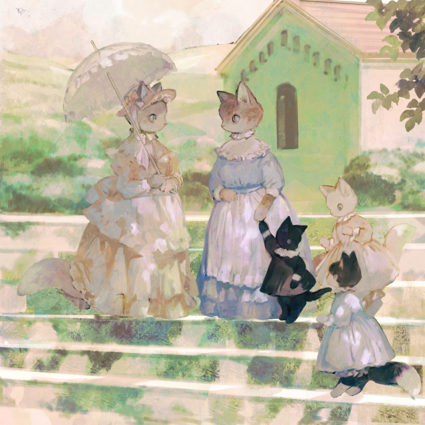 1other 3girls animal animal_focus apron black_cat black_shirt blue_dress bow bush cat commentary_request dress ears_through_headwear frilled_dress frilled_shirt_collar frills grass hat highres holding holding_hands holding_umbrella house kitten leaf long_dress looking_at_another multiple_girls no_humans on_stairs orange_dress original outdoors parasol pink_dress shirt sleeve_cuffs slit_pupils stairs standing tono_(rt0no) toto_noir umbrella white_cat