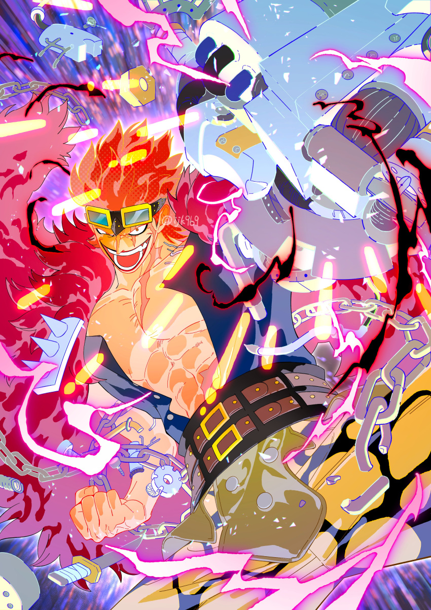 1boy abs absurdres broken broken_chain chain clenched_hand coat eustass_kid fighting_stance goggles highres ijk969 knife male_focus muscular muscular_male one_piece open_clothes open_mouth pectorals prosthesis prosthetic_arm red_coat redhead scar scar_on_chest scar_on_face short_hair smile spiky_hair teeth twitter_username