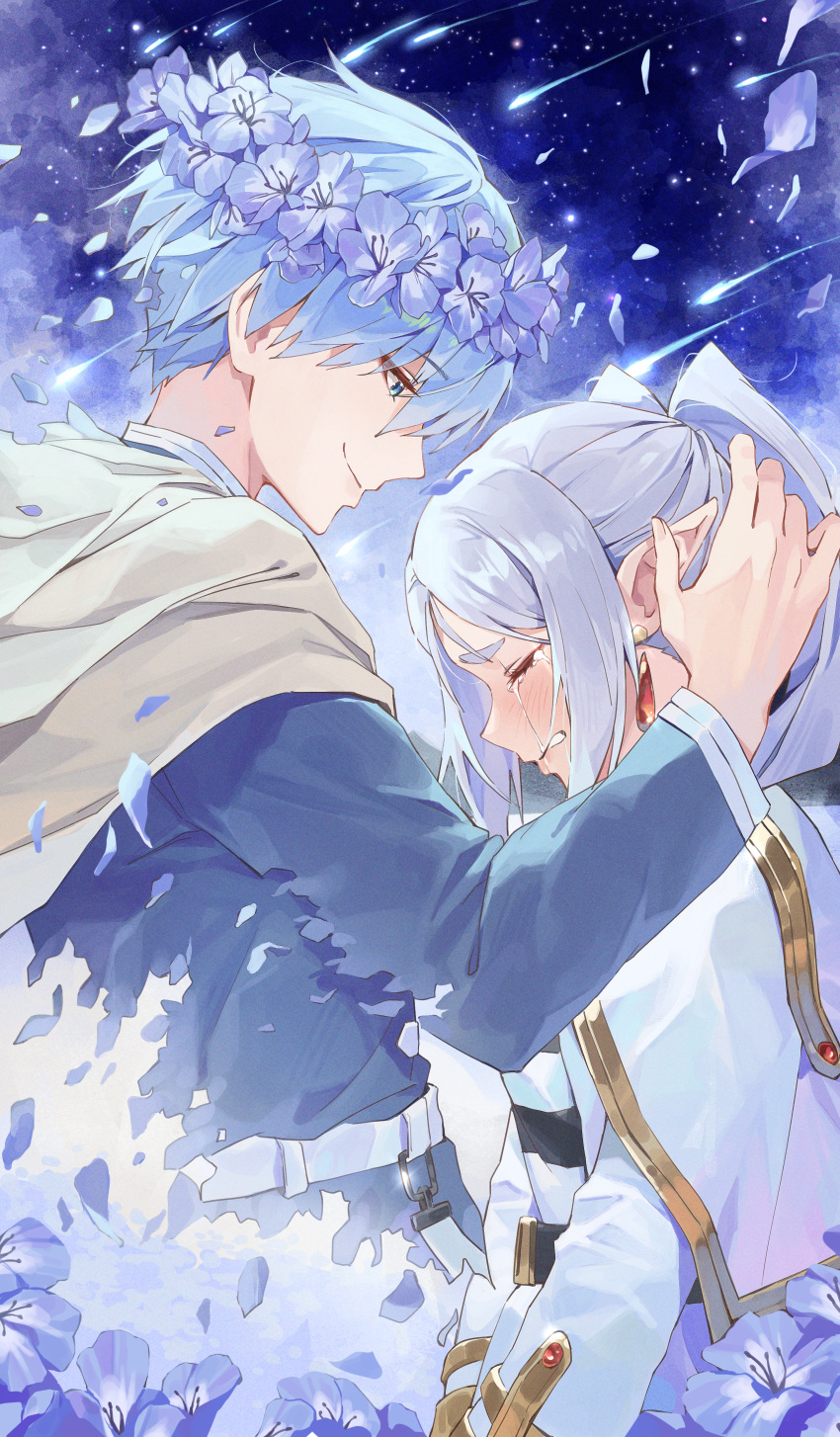 1boy 1girl absurdres belt black_belt blue_hair blue_tunic blush capelet clenched_teeth cloak commentary_request crying drop_earrings earrings elf falling_petals flower frieren from_side head_wreath highres himmel_(sousou_no_frieren) jewelry looking_down netural petals pointy_ears shooting_star smile sousou_no_frieren tears teeth twintails white_capelet white_hair