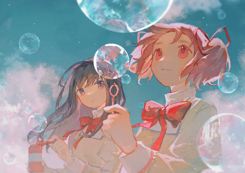 2girls absurdres akemi_homura black_hair blue_sky bow bubble bubble_blowing clouds day hair_bow hairband highres kaname_madoka long_hair looking_at_another looking_up magical_girl mahou_shoujo_madoka_magica mahou_shoujo_madoka_magica_(anime) mitakihara_school_uniform moieko multiple_girls pink_eyes pink_hair school_uniform short_hair sky smile twintails violet_eyes