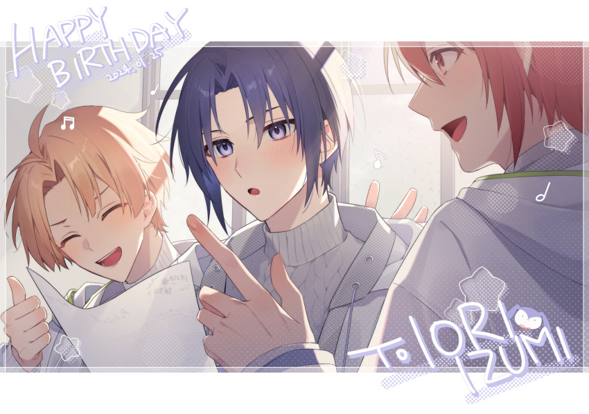 3boys :o aiue_o_eiua blue_eyes blue_hair blush brown_hair closed_eyes commentary_request english_text happy_birthday highres holding holding_paper hood hoodie idolish7 indoors izumi_iori izumi_mitsuki knit_sweater looking_at_another male_focus multiple_boys musical_note nanase_riku open_mouth paper parted_bangs reading red_eyes redhead short_hair smile sweater thumbs_up upper_body white_hoodie white_sweater window