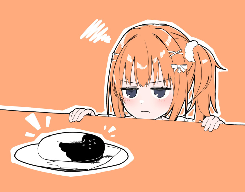 1girl :t blush bow cafe_stella_to_shinigami_no_chou closed_mouth commentary doughnut food frown hair_between_eyes hair_bow hair_intakes hair_ornament hair_scrunchie hairclip head_only highres jitome looking_at_food notice_lines orange_background orange_hair orange_theme scrunchie side_ponytail silver116 simple_background solo squiggle sumizome_nozomi v-shaped_eyebrows violet_eyes weight_conscious white_bow white_scrunchie x_hair_ornament