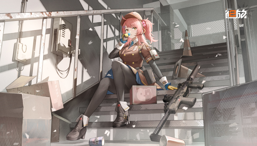 1girl black_footwear black_gloves black_pantyhose boots brown_headwear candy copyright_name cup food girls'_frontline_2:_exilium girls_frontline gloves gun h&amp;k_mp7 hair_ornament highres holding holding_candy holding_food holding_lollipop logo lollipop medium_hair mp7_(girls'_frontline) multiple_hairpins necktie orange_eyes pantyhose parted_lips pink_hair scope sitting solo stairs striped_necktie submachine_gun suppressor traffic_cone two-tone_gloves user_exwe2258 weapon yellow_gloves