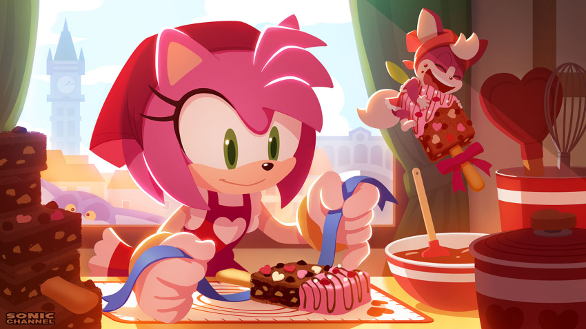 1girl amy_rose animal_ears apron big_the_cat bowl cat_ears chip_(sonic) clock clock_tower commentary_request eating fairy_wings gloves green_eyes heart indoors official_art peeking_out sonic_(series) sonic_unleashed tower uno_yuuji valentine whisk white_gloves window wings