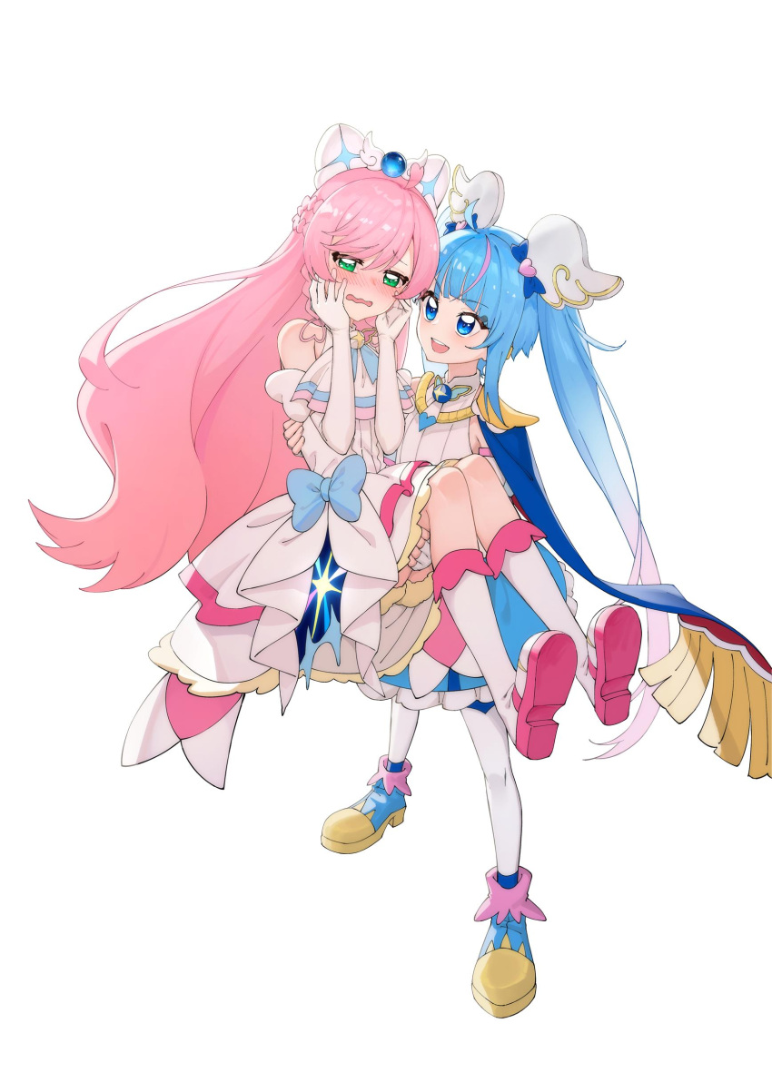 2girls :d abstract_background absurdres blue_bow blue_eyes blue_footwear blue_hair blue_skirt boots bow carrying commentary_request cure_prism cure_sky dot_nose dress dress_bow embarrassed fingerless_gloves full_body gloves green_eyes hair_ornament hands_on_own_cheeks hands_on_own_face highres hirogaru_sky!_precure knee_boots legs_apart long_hair looking_at_another magical_girl multiple_girls nijigaoka_mashiro open_mouth pink_hair precure princess_carry shoes short_dress sidelocks simple_background sipeiren skirt smile sora_harewataru standing thigh-highs twintails wavy_mouth white_background white_dress white_footwear white_gloves white_thighhighs