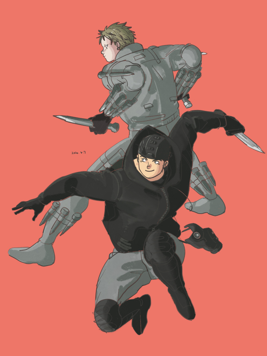 2boys aikawa_(dorohedoro) back-to-back battle black_hair blonde_hair colored_tips dorohedoro dual_wielding facial_mark fighting_stance full_body highres holding hood hooded_jacket jacket male_focus medium_sideburns midair multicolored_hair multiple_boys nishida_(pixiv_50671594) no_eyebrows pants red_background risu_(dorohedoro) smirk thick_eyebrows