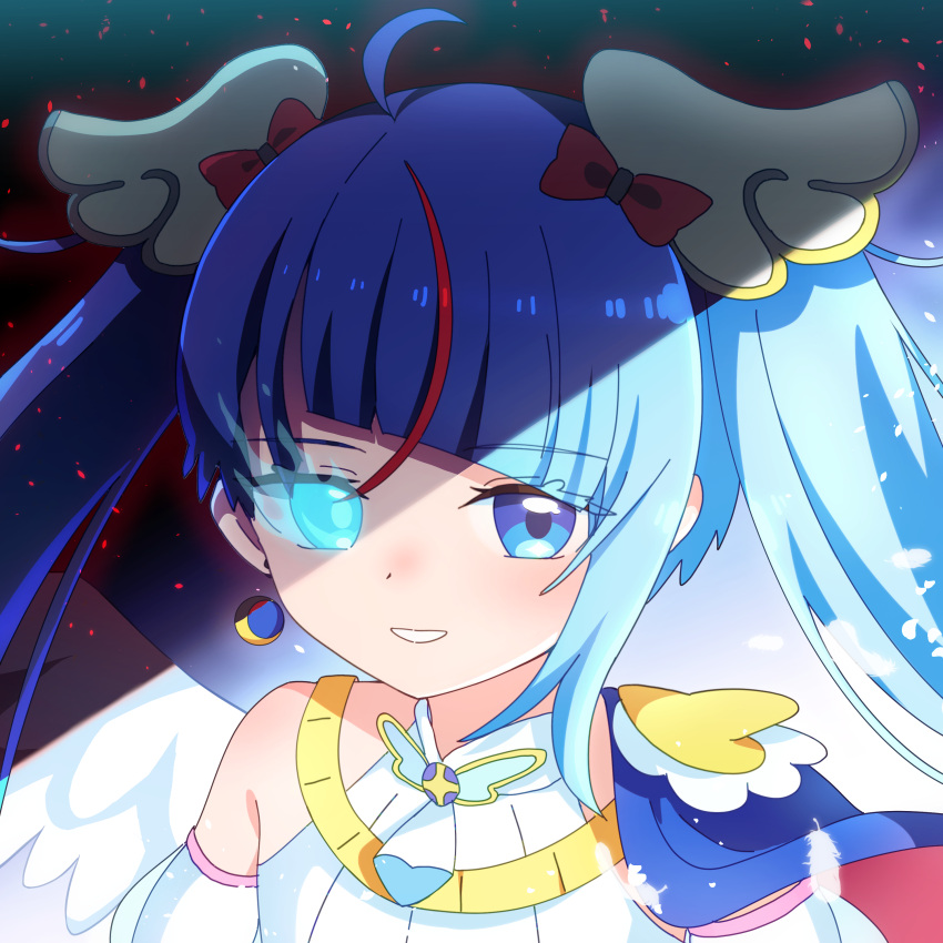 1girl absurdres ahoge black_wings blue_cape blue_eyes blue_hair brooch cape closed_mouth commentary cure_sky cut_bangs dark_persona dress earrings embers glowing glowing_eye highres hirogaru_sky!_precure jewelry long_hair looking_at_viewer magical_girl multicolored_hair nene_man parted_lips precure red_cape redhead single_earring single_sidelock sleeveless sleeveless_dress smile solo split_theme streaked_hair twintails two-sided_cape two-sided_fabric white_wings wing_brooch wing_hair_ornament wings