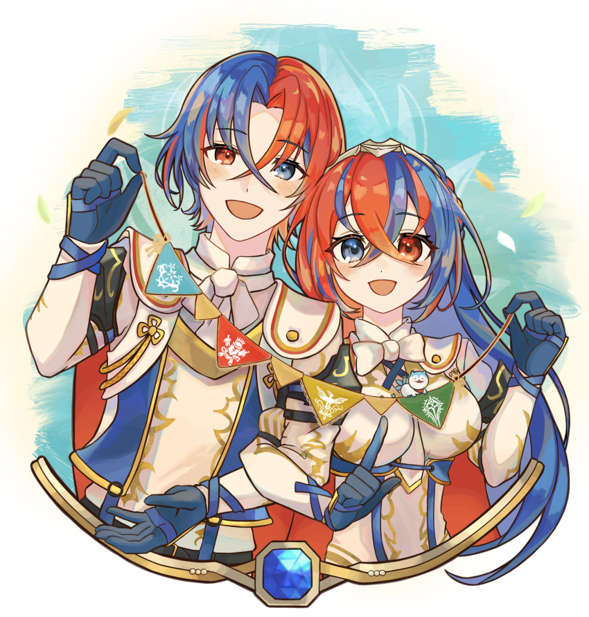 1boy 1girl absurdres alear_(female)_(fire_emblem) alear_(fire_emblem) alear_(male)_(fire_emblem) blue_eyes blue_gloves blue_hair braid crossed_bangs crown_braid fire_emblem fire_emblem_engage gloves heterochromia highres multicolored_hair netugen33 open_mouth red_eyes redhead split-color_hair two-tone_hair