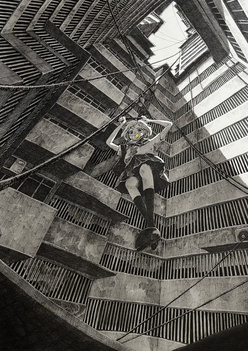 1girl absurdres air_conditioner bag balcony building city cityscape falling greyscale highres horizon ibsukionsen landscape monochrome outdoors power_lines scenery school_uniform short_hair skirt sky sliding solo traditional_media wide_shot