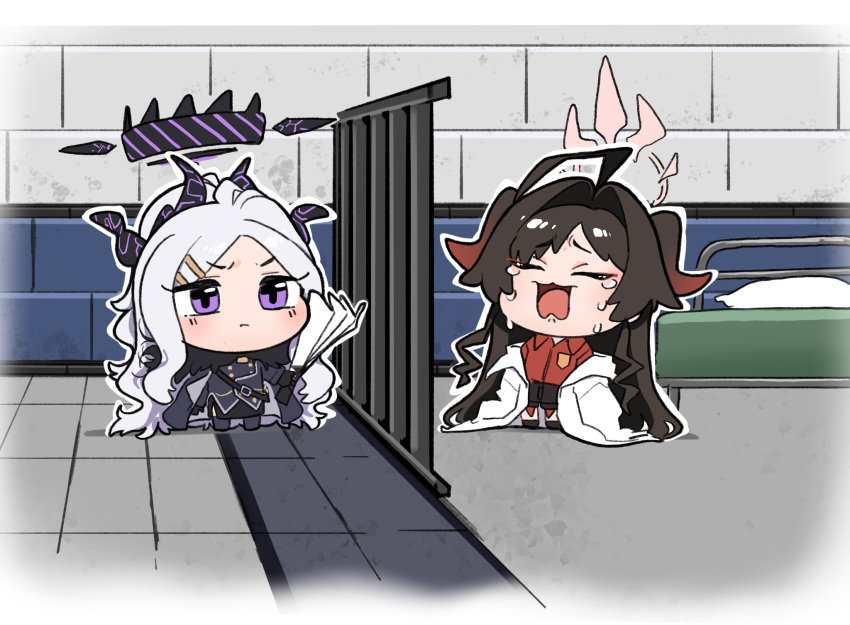 2girls bars bed blue_archive chibi coat coat_on_shoulders crying demon_girl demon_horns fried_bocky hair_intakes halo highres hina_(blue_archive) horns in_cell kasumi_(blue_archive) lab_coat long_hair multiple_girls multiple_horns off_shoulder open_mouth parted_bangs prison prison_cell red_shirt shirt sleeves_past_fingers sleeves_past_wrists tears violet_eyes white_coat white_hair