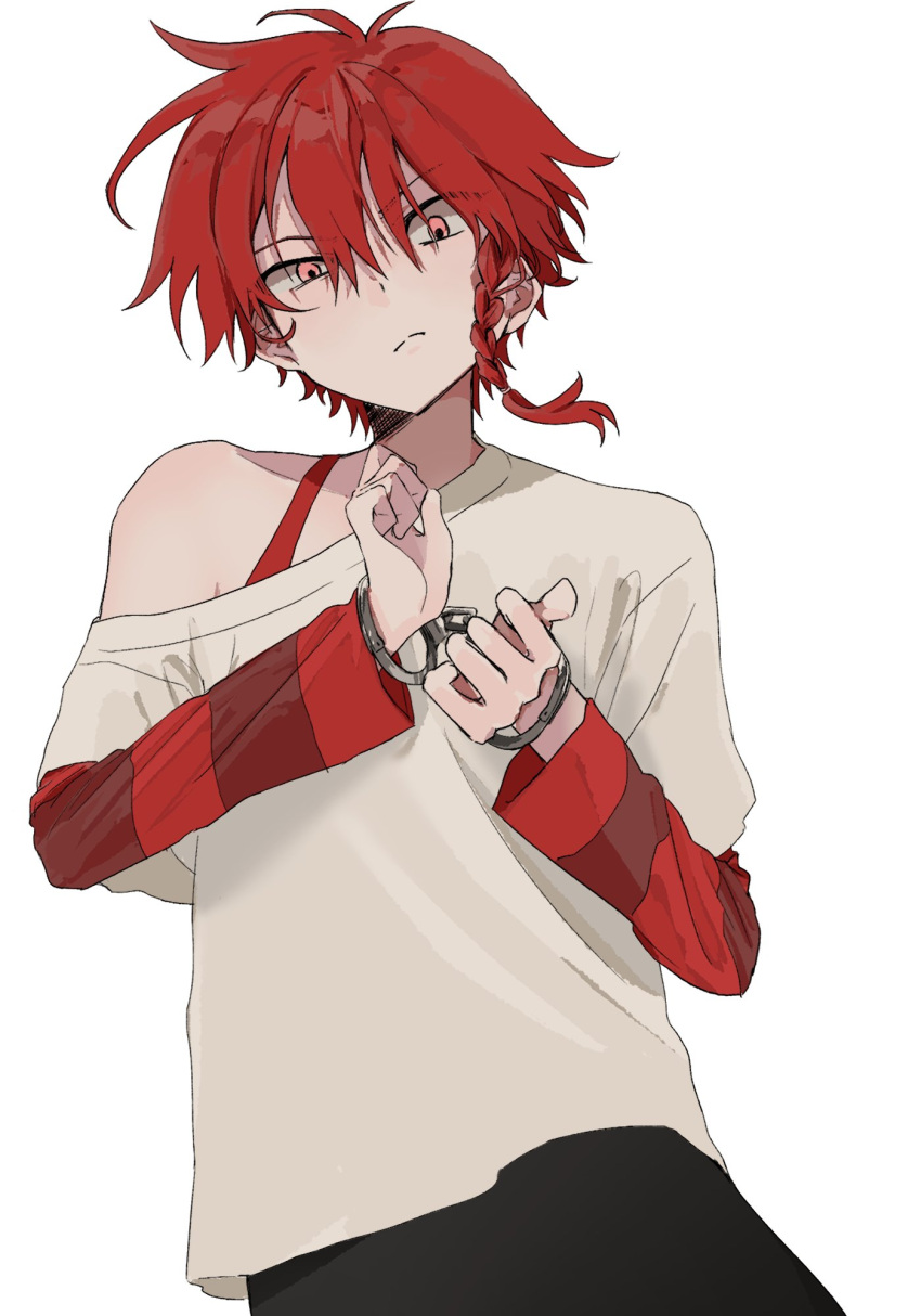 1boy black_pants braid closed_mouth cuffs facing_viewer grey_background haep0912 handcuffs highres long_sleeves looking_down maeno_aki male_focus off-shoulder_shirt off_shoulder pants red_eyes red_sleeves red_tank_top redhead shirt short_hair_with_long_locks simple_background solo striped_sleeves tank_top white_shirt zeno_(game)