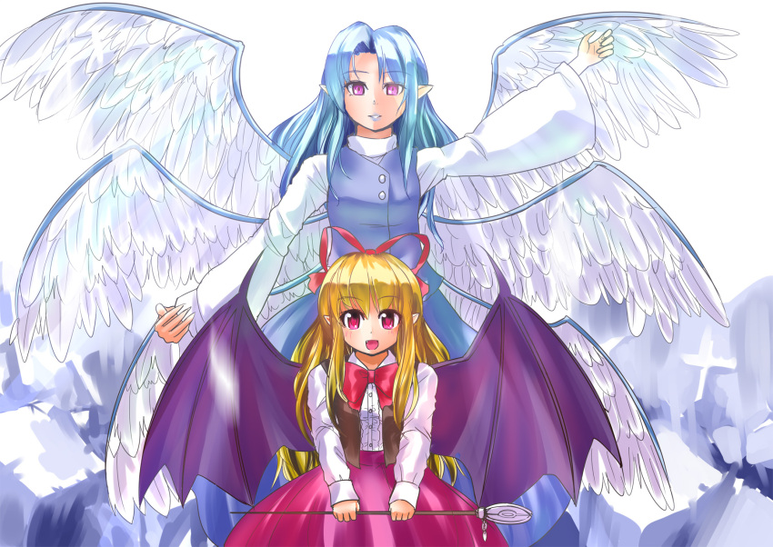 :d arm_up bad_id bat_wings blonde_hair blue_hair blush bow culter elis_(touhou) fang grin highres lips long_hair multiple_girls multiple_wings open_mouth pink_eyes pointy_ears purple_eyes sariel skirt smile staff touhou touhou_(pc-98) turtleneck very_long_hair vest violet_eyes weapon wings