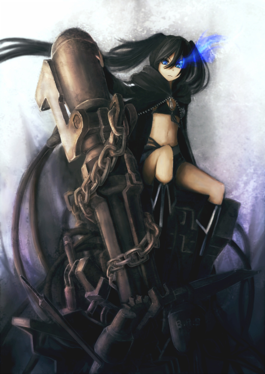 black_rock_shooter black_rock_shooter_(character) blue_eyes highres long_hair navel ros solo twintails unzipped