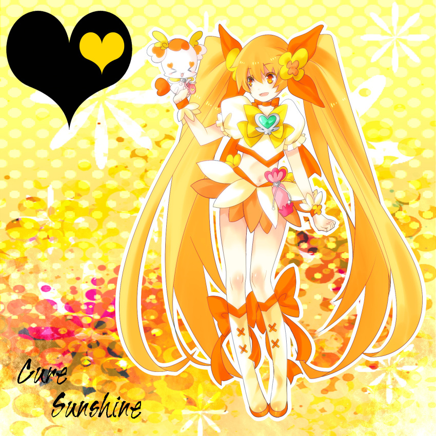 boots character_name cure_sunshine futari_wa_precure hair_ribbon heart heartcatch_precure! highres irohasu long_hair magical_girl midriff myoudouin_itsuki navel orange_eyes potpourri_(heartcatch_precure!) potpurri precure ribbon skirt twintails yellow