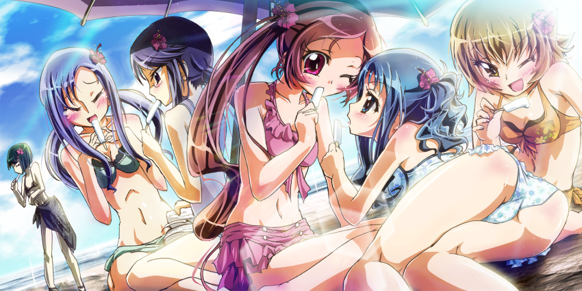 beach_umbrella bikini blush dark_precure flower food futari_wa_precure hanasaki_tsubomi heartcatch_precure! highres ice_cream ikatomo kurumi_erika kurumi_momoka myoudouin_itsuki precure swimsuit tsukikage_yuri