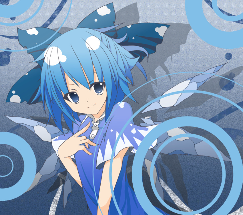 alternate_costume blue_eyes blue_hair bow cirno hair_bow hand_on_chest hand_on_own_chest touhou wings
