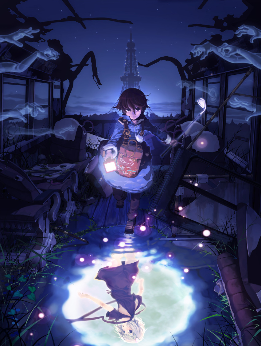 different_reflection flashlight fragile full_moon ghost glowing golf_club hands highres moon namco night official_art reflection ren_(fragile) seto_(fragile) short_hair tower water