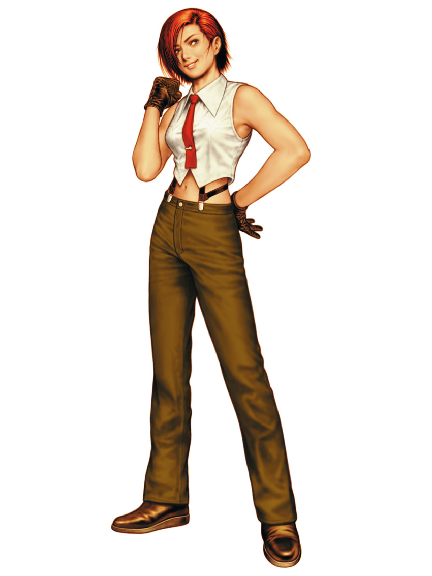 1girl bare_arms blue_eyes brown_footwear clenched_hand collared_shirt female full_body gloves hand_on_hip highres king_of_fighters looking_away midriff navel necktie official_art pants red_hair red_necktie red_neckwear redhead shinkiro shirt shoes short_hair simple_background sleeveless sleeveless_shirt smile snk solo standing suspenders vanessa white_background