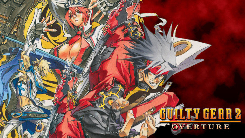 blonde_hair blue_eyes breasts cleavage cleavage_cutout eyepatch fingerless_gloves flag gloves grin guilty_gear guilty_gear_2 headband highres huge_breasts ishiwatari_daisuke large_breasts official_art red_eyes red_hair redhead sin sin_(guilty_gear) smile sol_badguy spiked_hair spiky_hair sword valentine_(guilty_gear) wallpaper weapon zipper