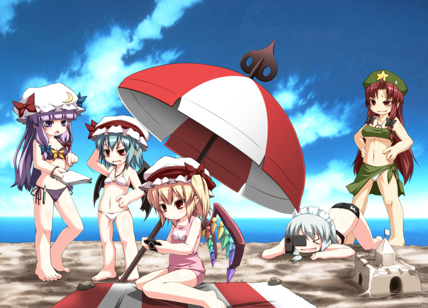 barefoot bat_wings beach bikini breasts camera cross flag flandre_scarlet hat highres hong_meiling izayoi_sakuya jewelry laevatein mechanical_pencil multiple_girls navel necklace noya one-piece_swimsuit patchouli_knowledge pencil pink_school_swimsuit playstation_portable psp remilia_scarlet sand_castle school_swimsuit side-tie_bikini side_ponytail swimsuit touhou umbrella under_boob underboob wings