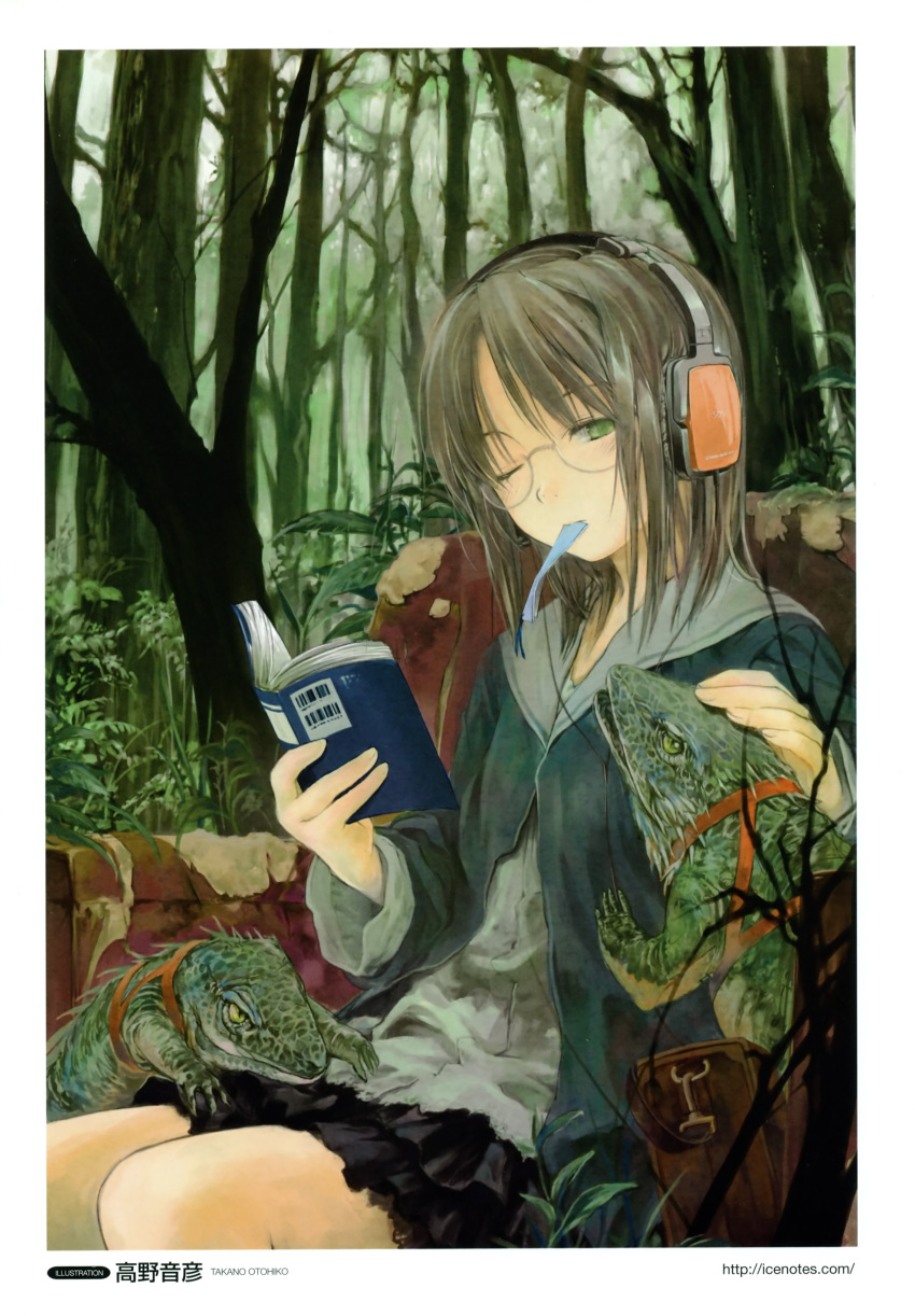 1girl absurdres audio-technica book brown_hair forest glasses green_eyes headphones highres lizard mouth_hold nature original petting reading solo takano_otohiko wink