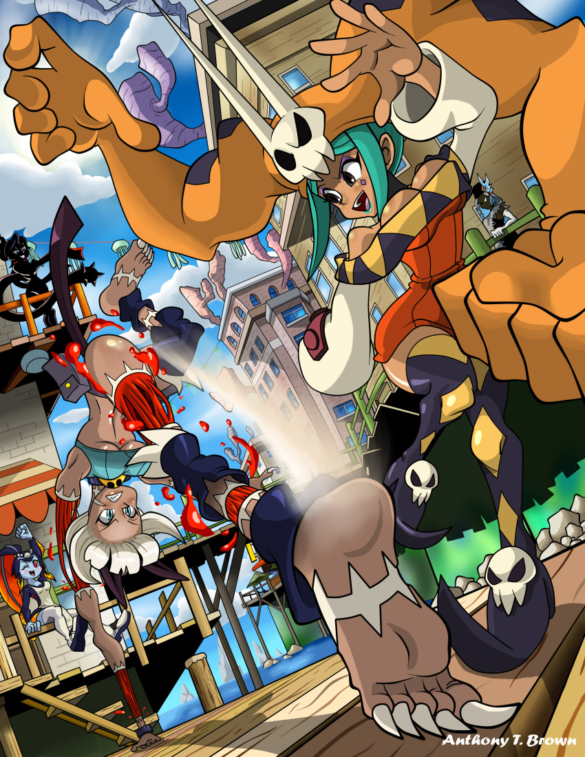 5girls absurdres animal_ears aqua_hair armpits artist_name battle black_dahlia blood blue_eyes breasts brown_eyes cat_ears cerebella_(skullgirls) claws clenched_teeth dark_skin fish_girl grin handstand high_heels highres kicking large_breasts makeup minette_(skullgirls) multiple_girls nadia_fortune nextgrandcross no_pupils open_mouth parted_lips red_eyes shoes short_hair sitting skullgirls smile tagme tail thigh-highs under_boob venus_(skullgirls) vice-versa_(skullgirls) white_hair wink yellow_sclera zettai_ryouiki