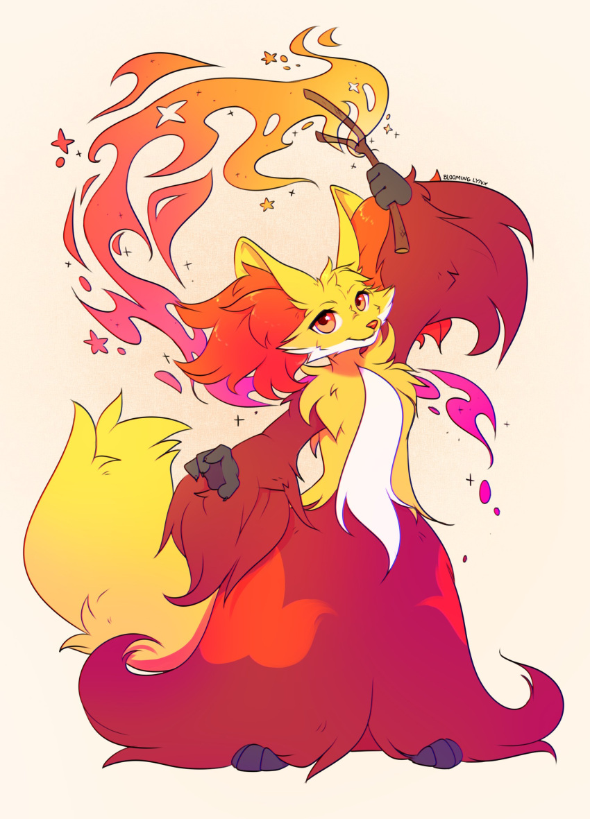 absurdres artist_name bloominglynx delphox fire full_body highres holding holding_wand looking_at_viewer no_humans pokemon pokemon_(creature) red_eyes simple_background solo sooo wand white_background