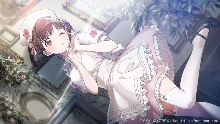 1girl apron armband braid braided_hair_rings brown_eyes brown_hair commentary_request dress dutch_angle frilled_apron frilled_dress frills hair_rings hat high_heels highres idolmaster idolmaster_shiny_colors idolmaster_shiny_colors_song_for_prism looking_at_viewer mary_janes noctchill_(idolmaster) nurse nurse_cap official_art one_eye_closed picture_frame plant puffy_short_sleeves puffy_sleeves shoes short_dress short_sleeves sonoda_chiyoko thigh-highs twin_braids white_apron white_thighhighs
