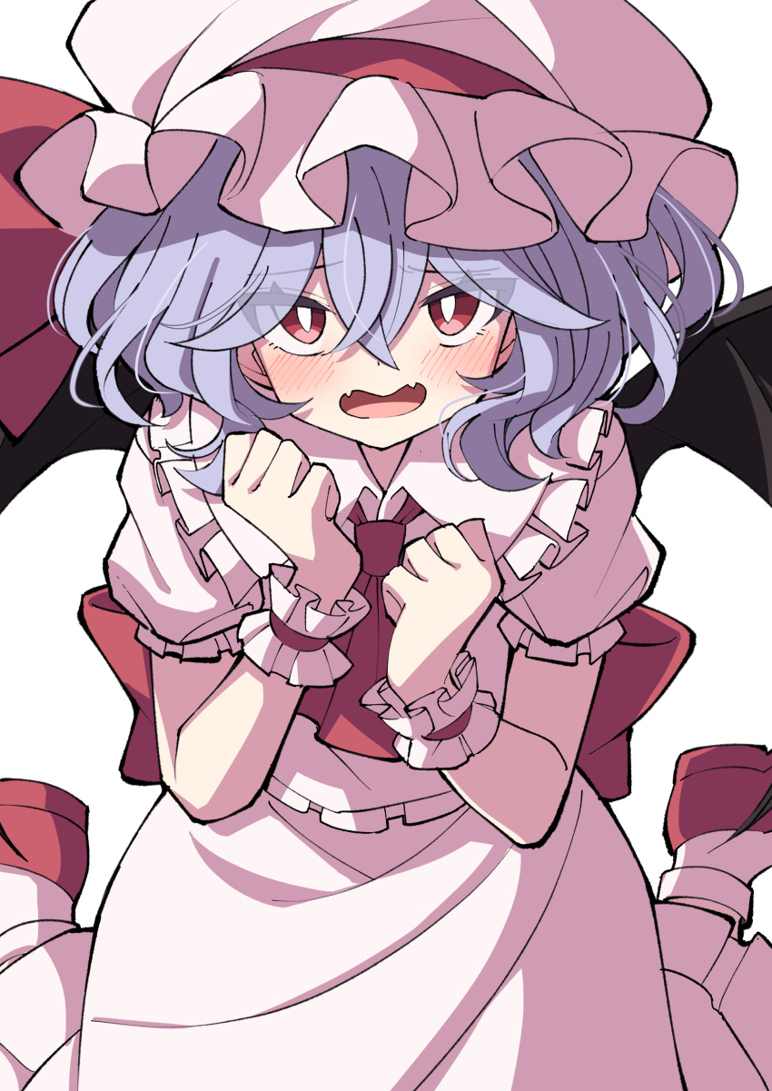 1girl absurdres blue_hair bright_pupils hat highres looking_at_viewer mob_cap open_mouth red_eyes remilia_scarlet short_hair simple_background solo touhou tsukimirin white_background white_pupils wrist_cuffs