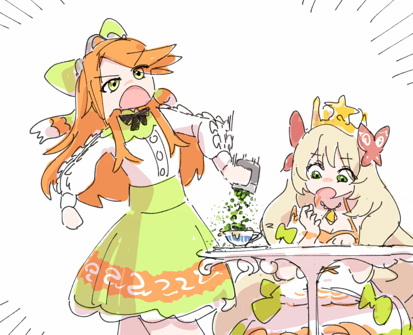 2girls :o absurdres black_bow blonde_hair bow butterfly_hair_ornament celine_(fire_emblem) crown cup dress etie_(fire_emblem) fire_emblem fire_emblem_engage green_bow green_eyes green_skirt hair_bow hair_ornament highres jewelry long_hair long_sleeves multiple_girls necklace nendo23 open_mouth orange_hair pouring skirt table very_long_hair white_background white_dress