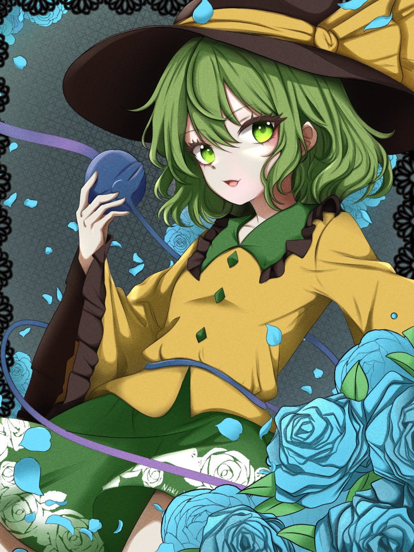 1girl black_headwear blue_flower blue_rose commentary floral_print flower green_eyes green_hair green_skirt grey_background hat hat_ribbon highres komeiji_koishi long_sleeves looking_at_viewer naki_(naki8085) open_mouth ribbon rose rose_print shirt short_hair skirt solo third_eye touhou tree_print wide_sleeves yellow_ribbon yellow_shirt