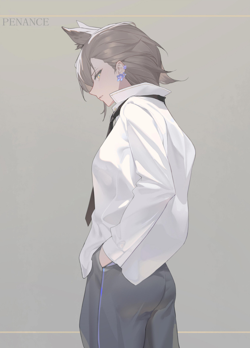 1girl alternate_costume animal_ears arknights black_necktie brown_hair cowboy_shot earrings extra_ears flower_earrings from_side gradient_background grey_background grey_eyes grey_pants hand_in_pocket highres jewelry live_(mfwa7572) long_sleeves looking_at_viewer looking_to_the_side necktie no_tail original pants parted_lips penance_(arknights) profile shirt short_hair solo track_pants white_shirt wolf_ears yellow_eyes