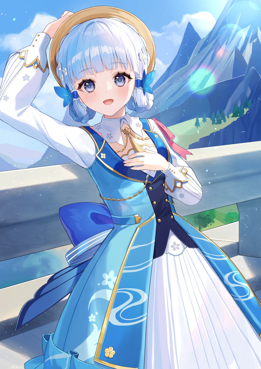 absurdres back_bow blue_bow blue_eyes blue_hair blunt_bangs blush bow brown_headwear butterfly_hair_ornament collar commentary facing_viewer flower genshin_impact hair_flower hair_ornament hair_up hand_on_headwear hand_on_own_chest highres kamisato_ayaka kamisato_ayaka_(springbloom_missive) light_blue_hair long_sleeves mole mole_under_eye mountain niwa_(niwaniwa_1227) official_alternate_costume official_alternate_hairstyle open_mouth outdoors pink_ribbon ribbon smile symbol-only_commentary upper_body white_collar