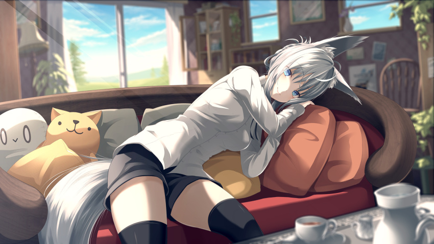 1girl ahoge animal_ear_fluff animal_ears black_shorts black_thighhighs blue_eyes blue_sky blurry blurry_background bookshelf cat-shaped_pillow chair closed_mouth clouds commentary_request couch cowboy_shot cup day grass highres holding holding_pillow indoors lamp leaning_to_the_side living_room long_sleeves looking_at_viewer on_couch original pillow plant potted_plant saucer shiroino_(shirayuki_mutsuki) shirt short_hair short_shorts shorts sitting sky smile solo sunlight table tail tea teacup teapot thigh-highs tree white_hair white_shirt white_sleeves wolf_ears wolf_tail
