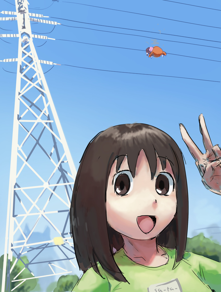 1girl absurdres azumanga_daioh brown_eyes brown_hair day highres liamickpie long_hair open_mouth power_lines salute smile solo sunlight transmission_tower two-finger_salute very_long_hair
