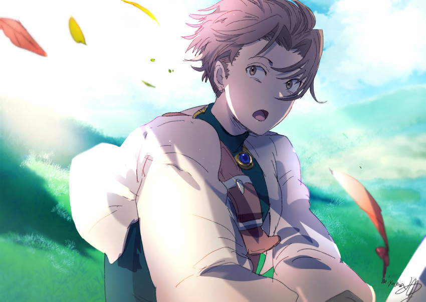 1boy ahoge black_eyes black_shirt brown_gloves brown_hair denim_powell flower full_body gloves grass highres jacket jewelry long_sleeves looking_at_viewer male_focus miyama_(lacrima01) necklace open_mouth outdoors shirt short_hair solo tactics_ogre white_jacket
