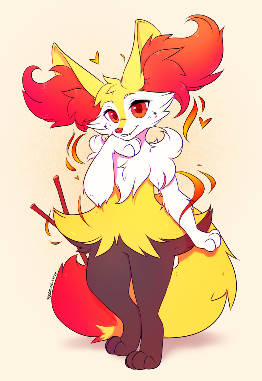 absurdres artist_name bloominglynx braixen full_body highres looking_at_viewer no_humans pokemon pokemon_(creature) red_eyes simple_background solo white_background