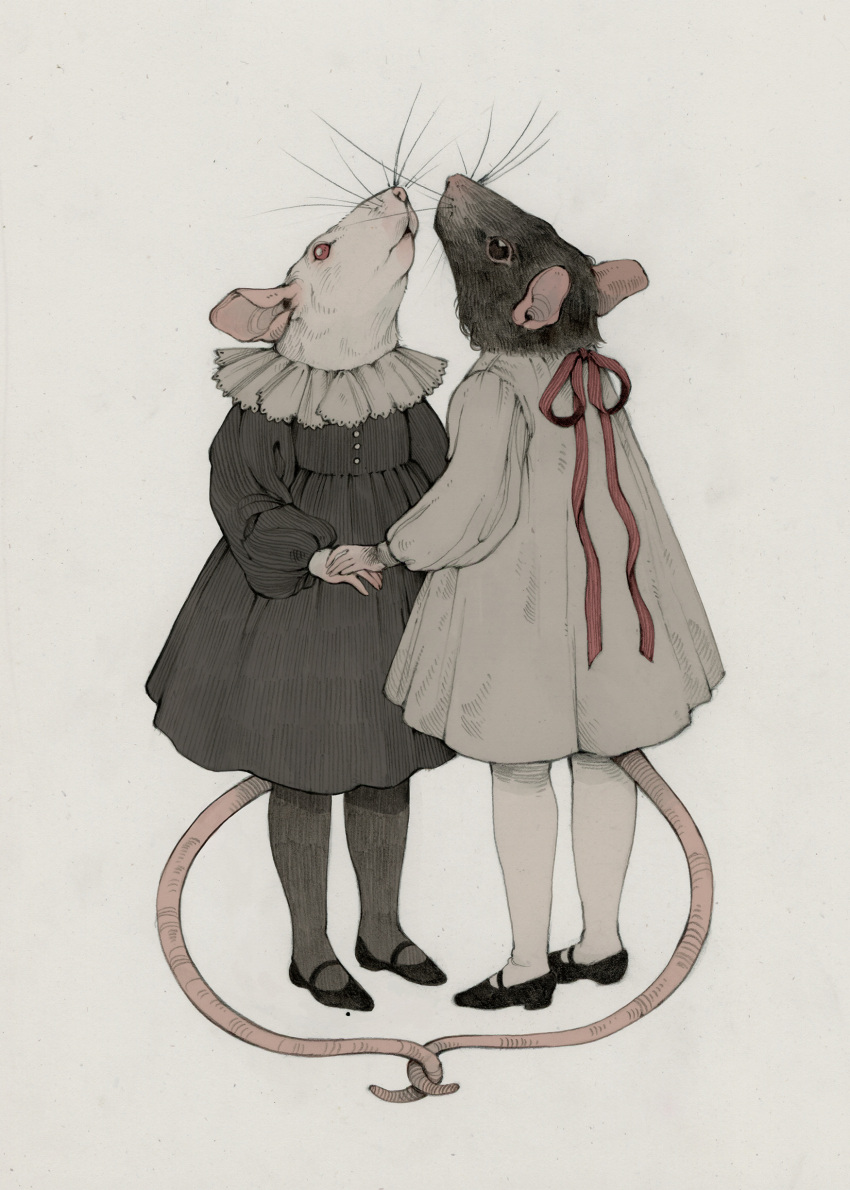 2girls absurdres animal_focus black_dress black_eyes collar dress english_commentary frilled_collar frills full_body furry furry_female halloween highres holding_hands intertwined_tails karlovycross long_sleeves looking_up mouse multiple_girls no_humans original paid_reward_available puffy_long_sleeves puffy_sleeves red_eyes red_ribbon ribbon simple_background standing white_dress