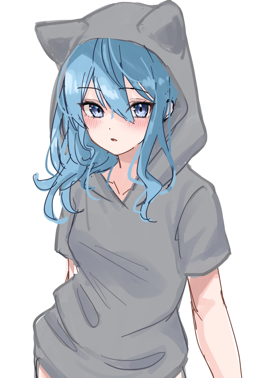 1girl absurdres animal_ear_hood blue_eyes blue_hair blush commentary_request expressionless grey_hoodie hair_between_eyes highres hololive hood hood_up hoodie hoshimachi_suisei looking_at_viewer nisi_ki_no parted_lips short_sleeves simple_background solo upper_body virtual_youtuber white_background
