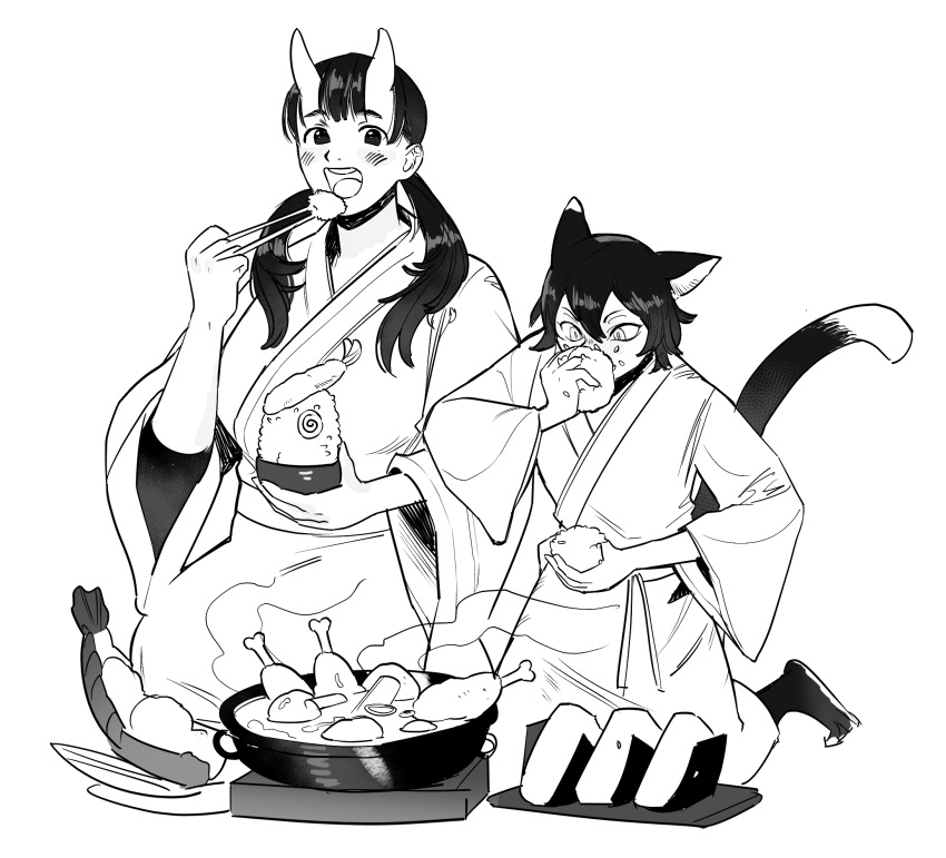 2girls animal_ears barefoot between_fingers bib_bb_bib body_fur bowl breasts cat_ears cat_girl cat_tail chicken_(food) chicken_leg chopsticks cooking_pot dungeon_meshi eating food food_on_face greyscale hair_over_shoulder hand_up hashtag_only_commentary height_difference highres holding holding_bowl holding_chopsticks holding_food horns inutade izutsumi japanese_clothes kimono kneeling large_breasts lobster long_hair long_sleeves looking_at_viewer low_twintails monochrome multiple_girls obi onigiri open_mouth plate portable_stove rice rice_on_face sash seiza short_hair shrimp shrimp_tempura simple_background sitting soup steam stove tail tempura twintails unaligned_ears wide_sleeves you're_doing_it_wrong